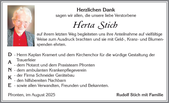 Traueranzeige von Herta Stich von Allgäuer Zeitung, Füssen