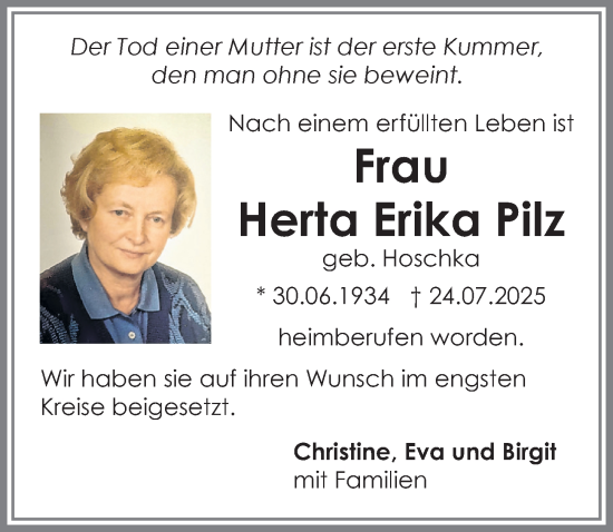 Traueranzeige von Herta Erika Pilz von Allgäuer Zeitung, Kaufbeuren/Buchloe