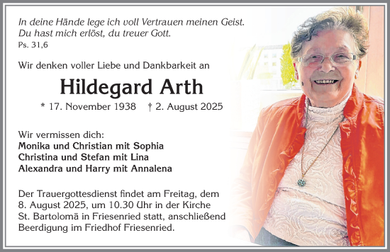 Traueranzeige von Hildegard Arth von Allgäuer Zeitung, Kaufbeuren/Buchloe