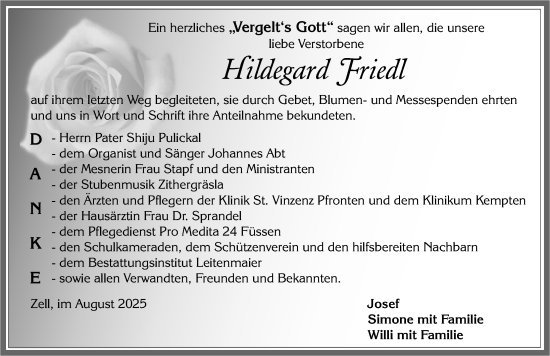 Traueranzeige von Hildegard Friedl von Allgäuer Zeitung, Füssen