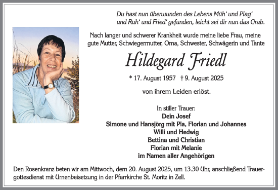 Traueranzeige von Hildegard Friedl von Allgäuer Zeitung, Füssen