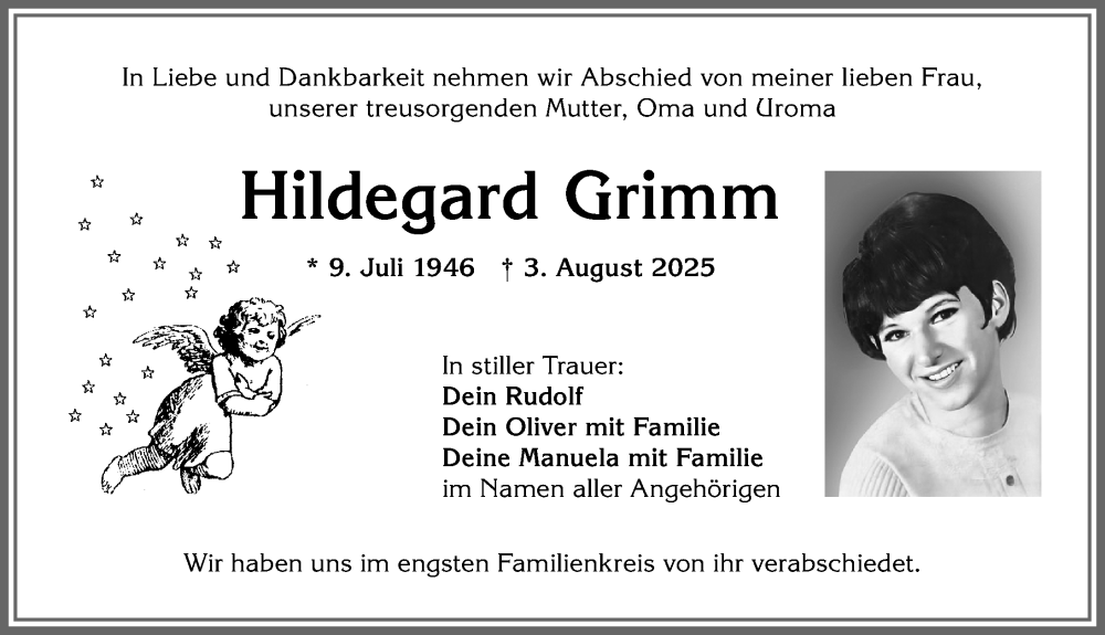  Traueranzeige für Hildegard Grimm vom 23.08.2025 aus Allgäuer Anzeigeblatt