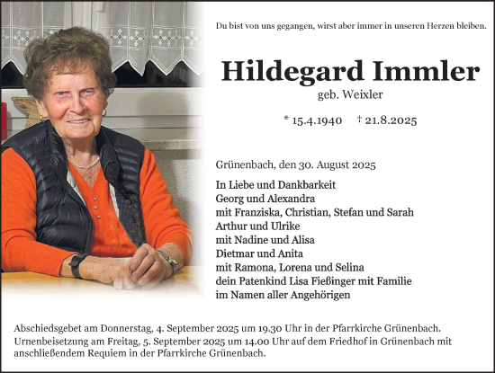 Traueranzeige von Hildegard Immler von Der Westallgäuer