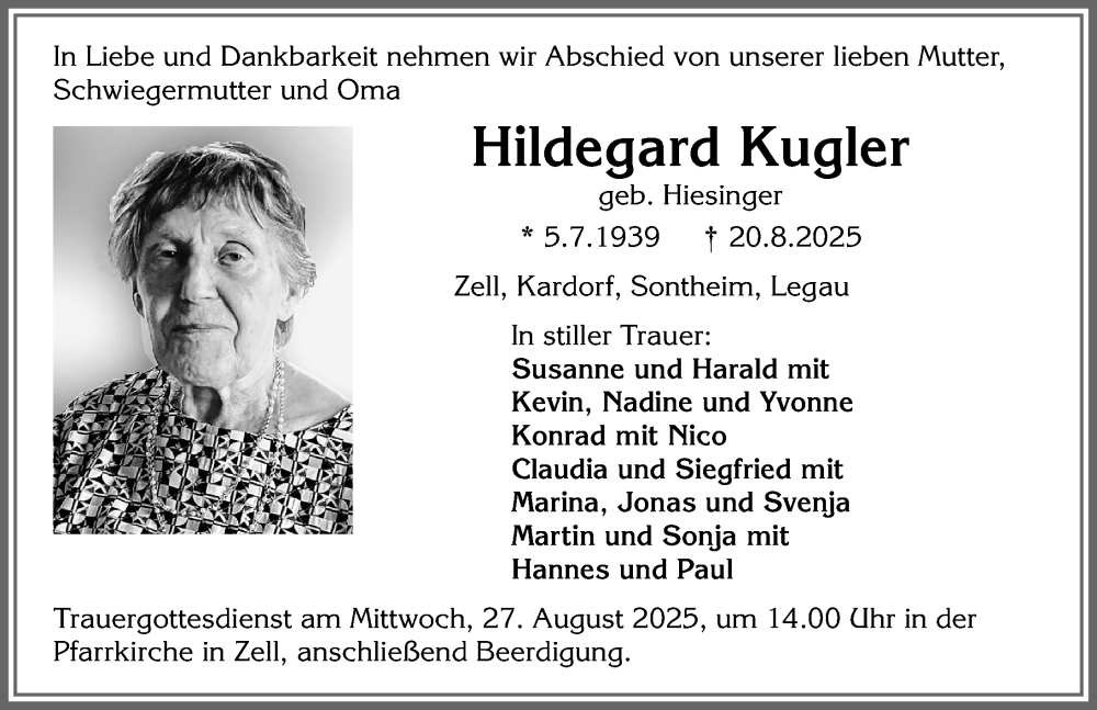  Traueranzeige für Hildegard Kugler vom 23.08.2025 aus Memminger Zeitung