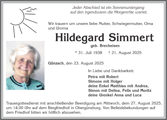 Traueranzeige von Hildegard Simmert von Allgäuer Zeitung, Marktoberdorf