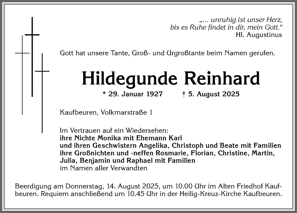  Traueranzeige für Hildegunde Reinhard vom 09.08.2025 aus Allgäuer Zeitung, Kaufbeuren/Buchloe