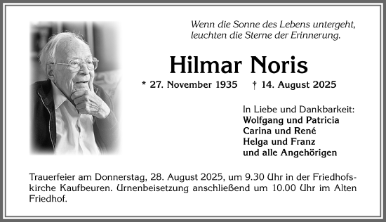 Traueranzeige von Hilmar Noris von Allgäuer Zeitung, Kaufbeuren/Buchloe