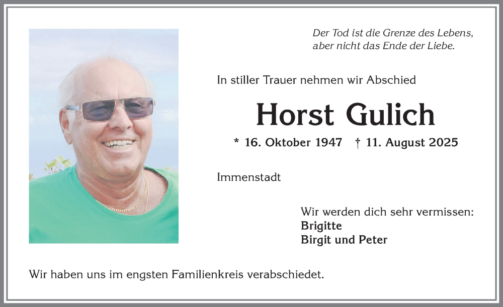  Traueranzeige für Horst Gulich vom 23.08.2025 aus Allgäuer Anzeigeblatt