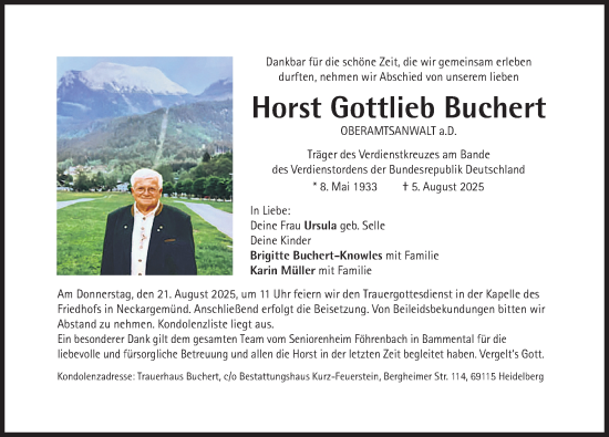 Traueranzeige von Horst Gottlieb Buchert von Allgäuer Anzeigeblatt