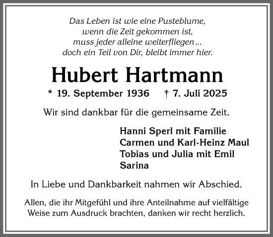 Traueranzeige von Hubert Hartmann von Allgäuer Anzeigeblatt