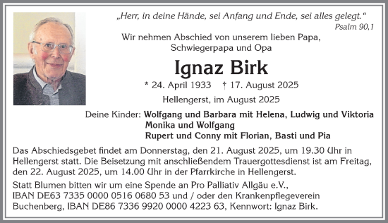 Traueranzeige von Ignaz Birk von Allgäuer Zeitung,Kempten