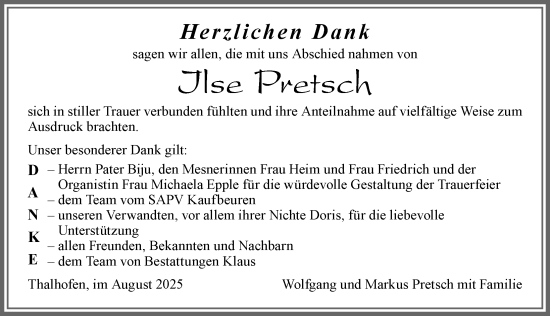 Traueranzeige von Ilse Pretsch von Allgäuer Zeitung, Marktoberdorf