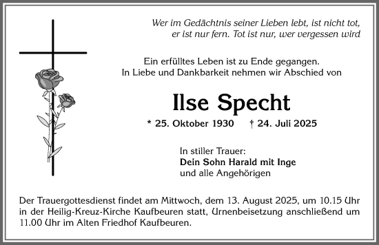 Traueranzeige von Ilse Specht von Allgäuer Zeitung, Kaufbeuren/Buchloe