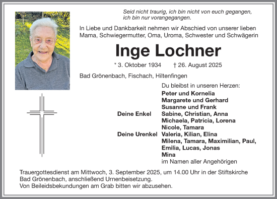 Traueranzeige von Inge Lochner von Memminger Zeitung