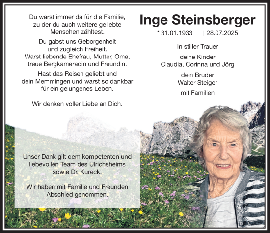 Traueranzeige von Inge Steinsberger von Memminger Zeitung