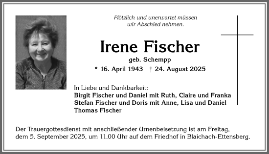 Traueranzeige von Irene Fischer von Allgäuer Anzeigeblatt