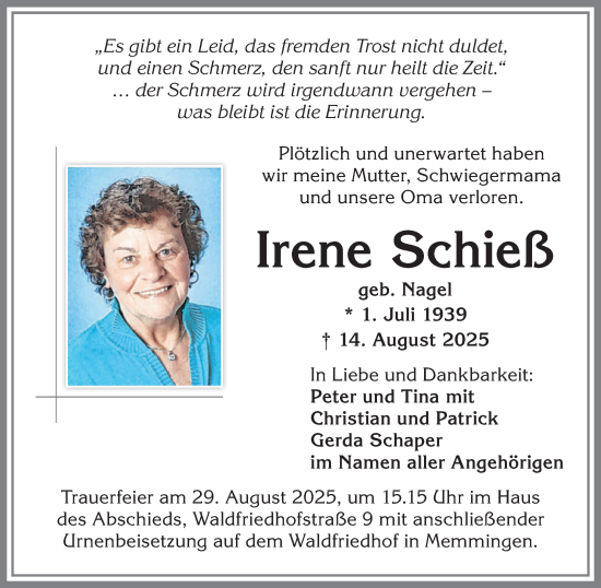 Traueranzeige von Irene Schieß von Memminger Zeitung