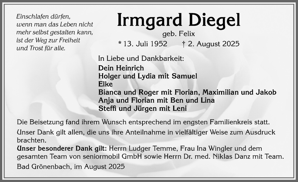  Traueranzeige für Irmgard Diegel vom 23.08.2025 aus Memminger Zeitung
