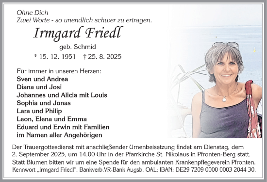Traueranzeige von Irmgard Friedl von Allgäuer Zeitung, Füssen