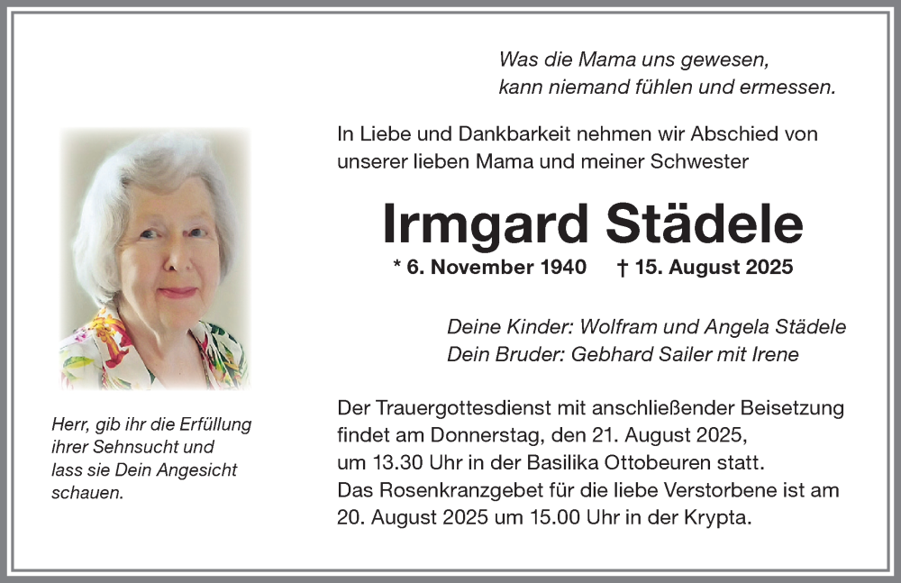 Traueranzeige für Irmgard Städele vom 19.08.2025 aus Memminger Zeitung