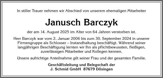 Traueranzeige von Janusch Barczyk von Allgäuer Zeitung, Kaufbeuren/Buchloe