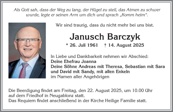 Traueranzeige von Janusch Barczyk von Allgäuer Zeitung, Kaufbeuren/Buchloe