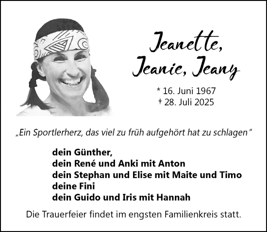 Traueranzeige von Jeanette Jeany von Allgäuer Zeitung,Kempten