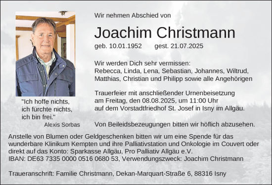 Traueranzeige von Joachim Christmann von Allgäuer Zeitung,Kempten