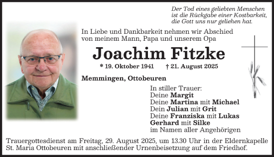 Traueranzeige von Joachim Fitzke von Memminger Zeitung