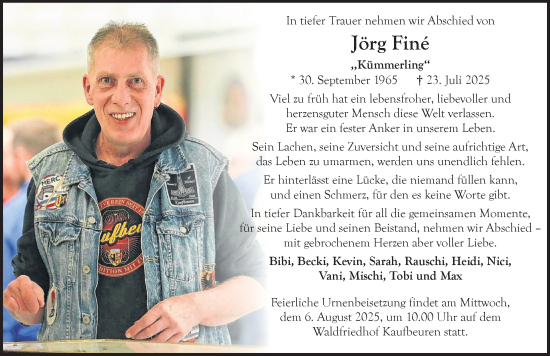 Traueranzeige von Jörg Finé von Allgäuer Zeitung, Kaufbeuren/Buchloe