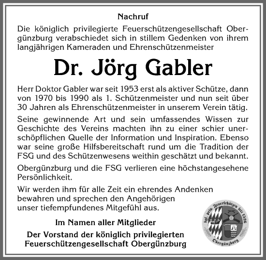 Traueranzeige von Jörg Gabler von Allgäuer Zeitung, Marktoberdorf