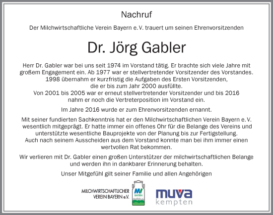 Traueranzeige von Jörg Gabler von Allgäuer Zeitung,Kempten