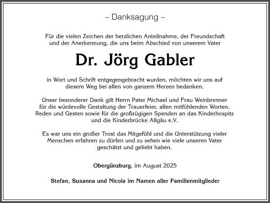 Traueranzeige von Jörg Gabler von Allgäuer Zeitung, Gesamtausgabe