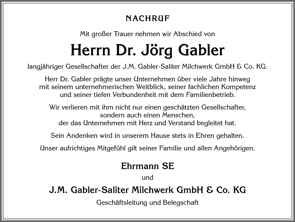  Traueranzeige für Jörg Gabler vom 05.08.2025 aus Allgäuer Zeitung, Gesamtausgabe