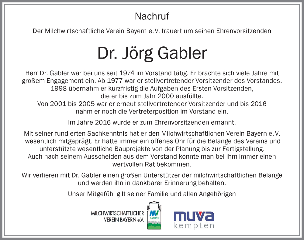  Traueranzeige für Jörg Gabler vom 02.08.2025 aus Allgäuer Zeitung,Kempten