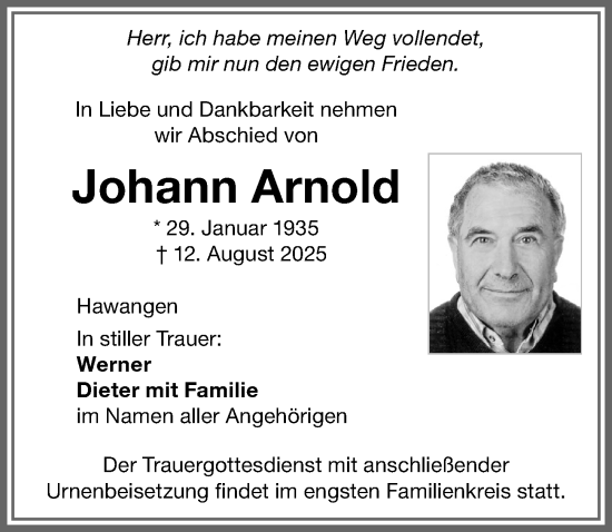 Traueranzeige von Johann Arnold von Memminger Zeitung