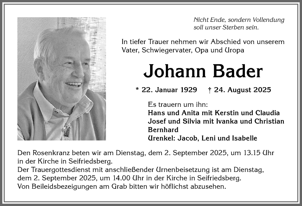  Traueranzeige für Johann Bader vom 30.08.2025 aus Allgäuer Anzeigeblatt