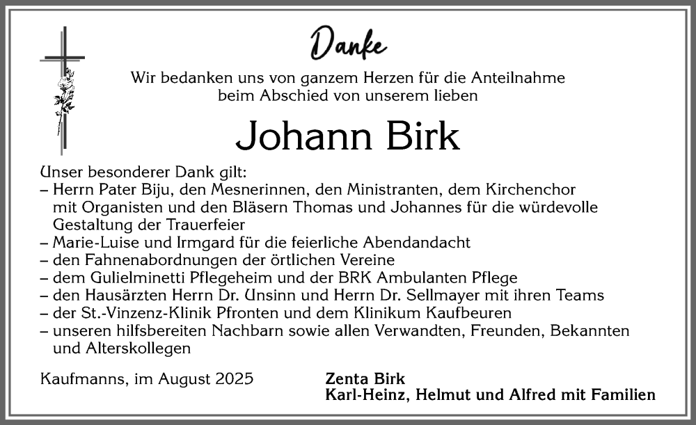  Traueranzeige für Johann Birk vom 16.08.2025 aus Allgäuer Zeitung, Marktoberdorf