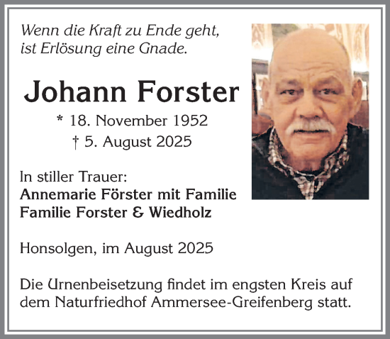 Traueranzeige von Johann Forster von Allgäuer Zeitung, Kaufbeuren/Buchloe