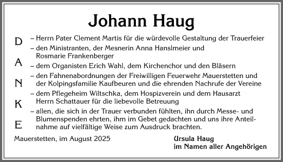 Traueranzeige von Johann Haug von Allgäuer Zeitung, Kaufbeuren/Buchloe
