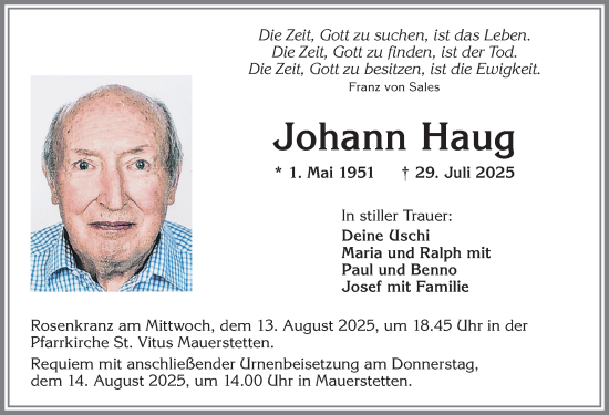 Traueranzeige von Johann Haug von Allgäuer Zeitung, Kaufbeuren/Buchloe