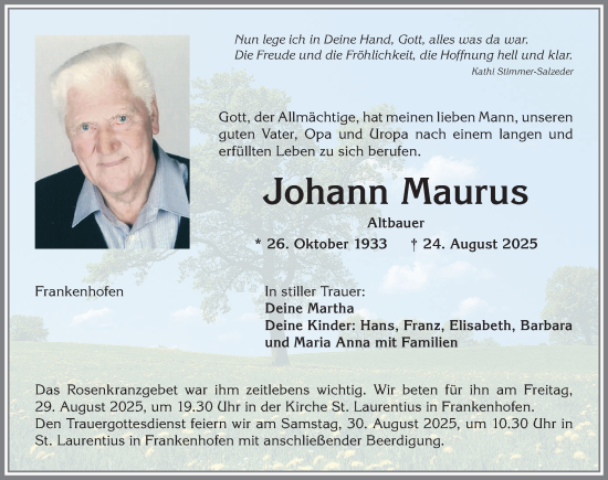 Traueranzeige von Johann Maurus von Allgäuer Zeitung, Kaufbeuren/Buchloe