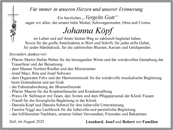 Traueranzeige von Johanna Köpf von Allgäuer Zeitung, Füssen
