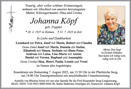 Traueranzeige von Johanna Köpf von Allgäuer Zeitung, Füssen