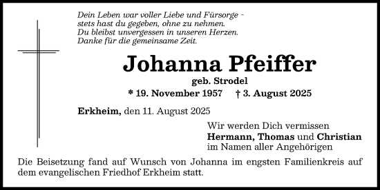 Traueranzeige von Johanna Pfeiffer von Memminger Zeitung