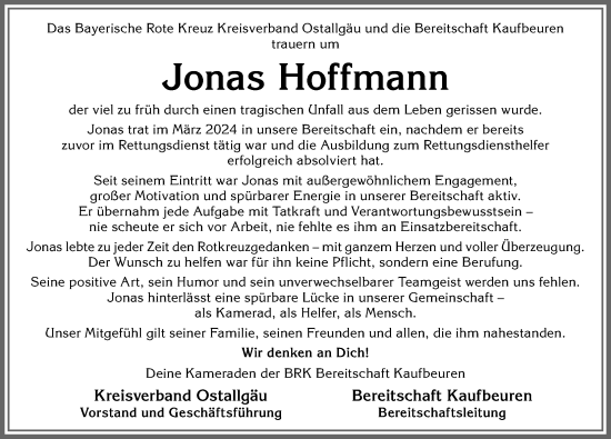 Traueranzeige von Jonas Hoffmann von Allgäuer Zeitung, Kaufbeuren/Buchloe
