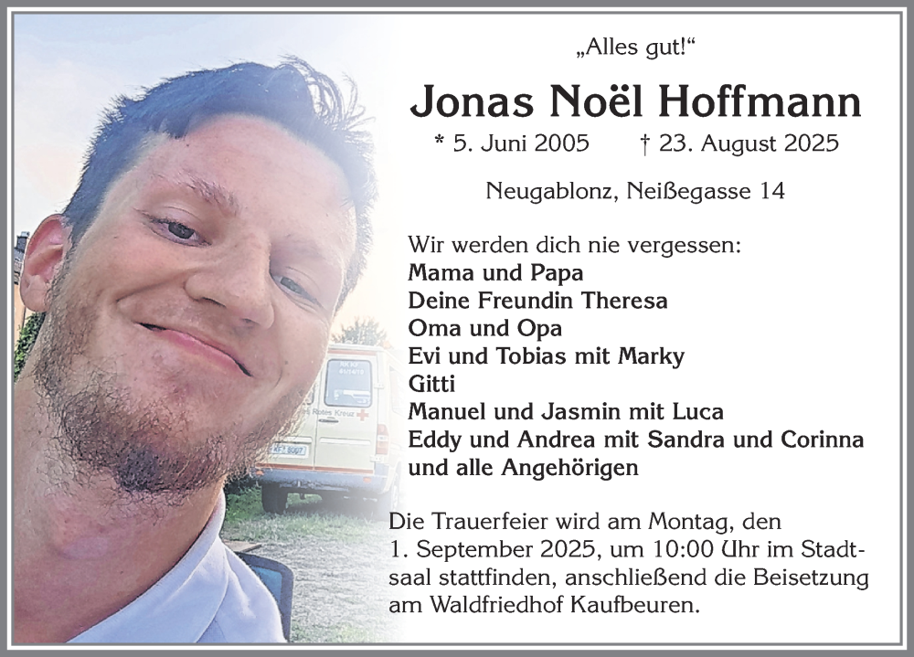  Traueranzeige für Jonas Noel Hoffmann vom 28.08.2025 aus Allgäuer Zeitung, Kaufbeuren/Buchloe