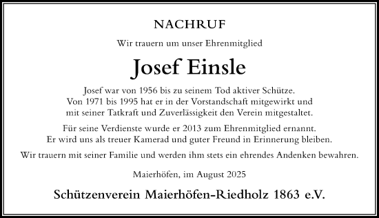 Traueranzeige von Josef Einsle von Der Westallgäuer