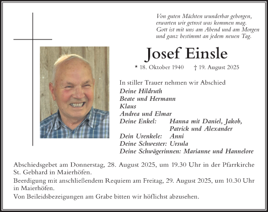 Traueranzeige von Josef Einsle von Der Westallgäuer