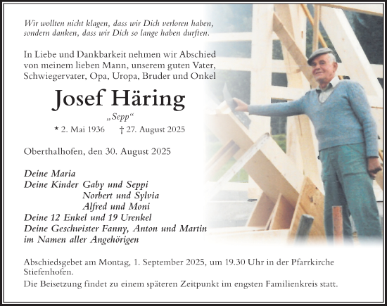 Traueranzeige von Josef Häring von Der Westallgäuer